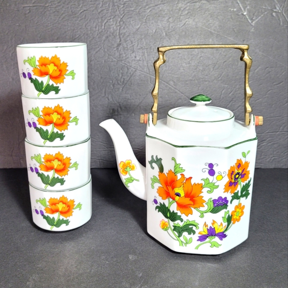 RARE Vtg Brass Handle Japanese Teapot with 4 Matching Cups 🏵 Olympus 🇯🇵 Japan